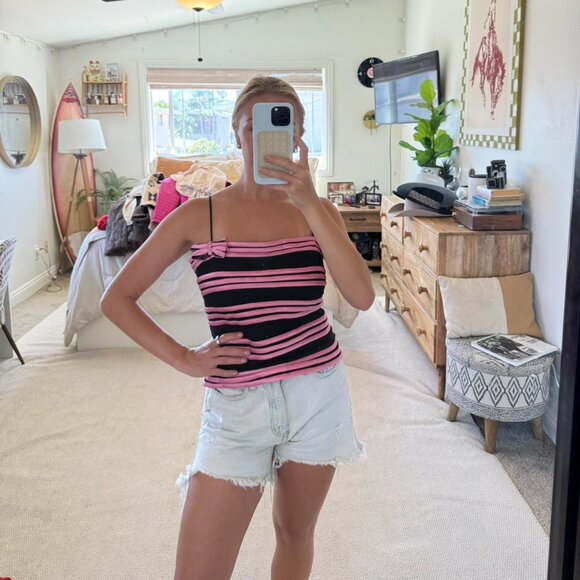 JS COLLECTIONS PINK BLACK Y2K STRIPED BOW TOP WOMENS 10 - Picture 6 of 7
